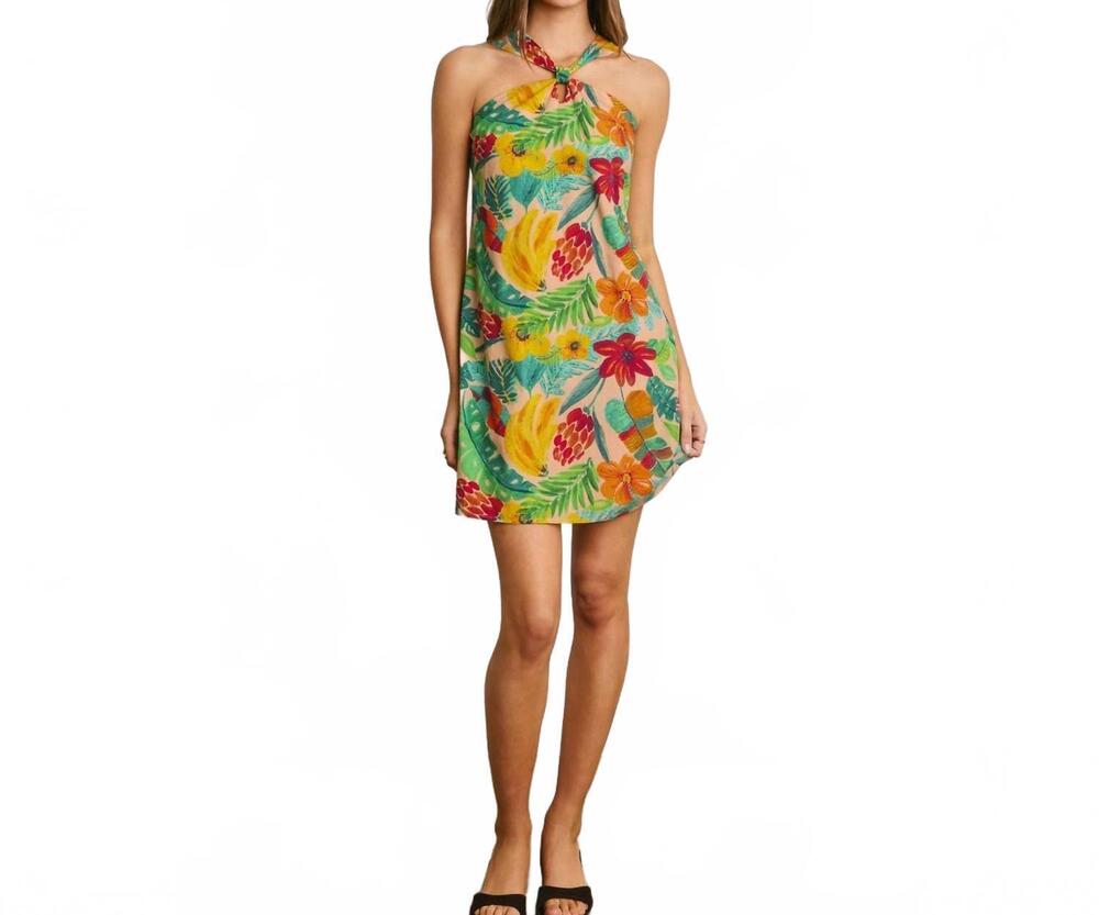 NEW DRESS FORUM knot halter mini dress in rio tropical